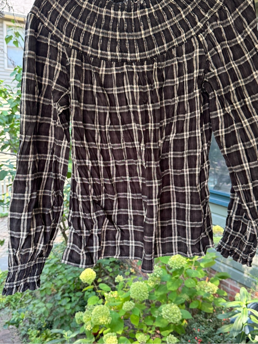 Universal Thread Black and Ivory Plaid Smocked-Neck Long Sleeve Blouse
